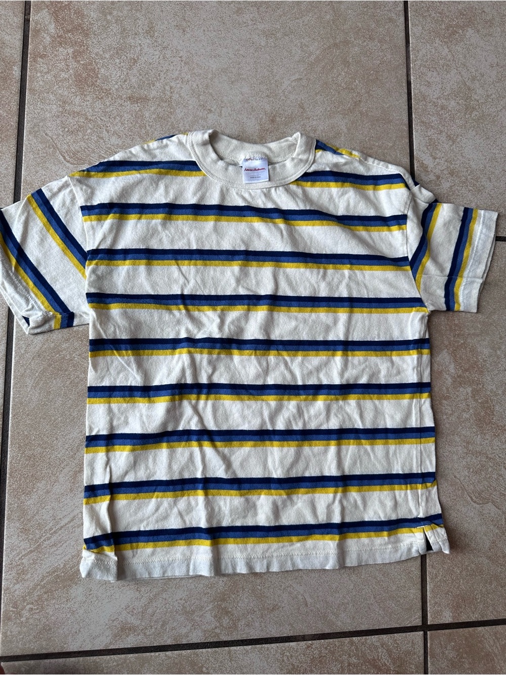 Hanna Andersson White Cotton Tee with Navy & Yellow Stripes